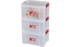 SUNDIS Clip'N Store, 3 cajas almacenaje con tapa, 17l de capacidad, plastico transparente, reforzados, aptas para alimentos, paredes rectas, apilables y combinables