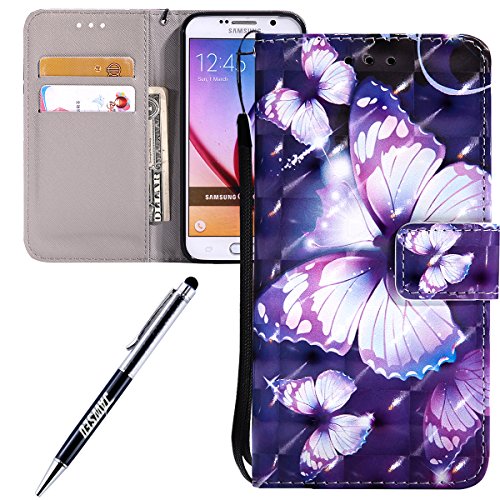 For Samsung Galaxy S6 case,Feeltech JAWSEU Samsung Galaxy S6 PU leather Wallet Flip Cover Multi Function Card Slots Protective Cases with Cute Animal & Colourful Pattern Design [Stand Function][Magnetic Closure] Flip Folder Card Holders Money Pouch Smart Phone Cover with Hand Strap for Samsung Galaxy S6 - Violet butterfly