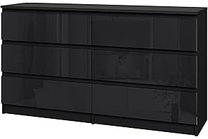 Panana High Gloss Fronts and Matte Sides Chest of Drawer, 3/4/5/6 Drawers Wooden Dresser No Handle Sleek Design Bedside Table Storage Cabinet for Bedroom Living room Furniture (Black, 6 Drawers)
