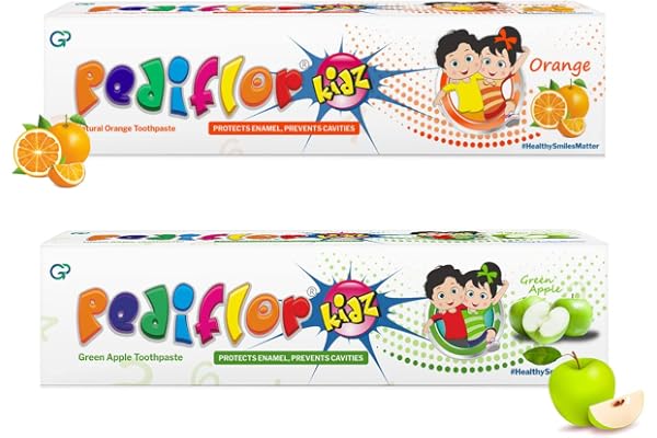 PediflorKidz Anticavity Fluoride Green Apple and Orange Flavor Toothpaste for children 70g x 2 pack Family combo pack Vegan Friendly