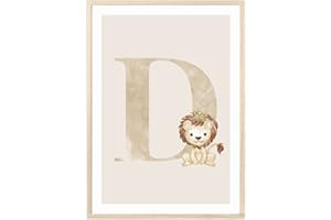 MeinBaby123® Poster con lettere, formato DIN A4, per cameretta dei bambini, decorazione per la cameretta dei bambini, immagini per la cameretta dei bambini, poster con lettera iniziale D (leone, D)