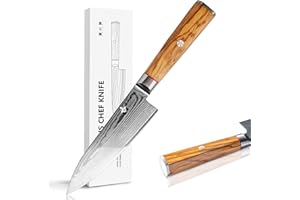 FUJUNI Couteau Chef en Acier Damas 67 Couche VG10 Acier 15cm Couteau Professionnel Cuisine avec Manche Ergonomique en Bois d'olivier, Boîte Cadeau