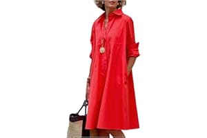 FRESQA Vestido Camisero Liso para Mujer, Moda de Verano, Informal, con Cuello Vuelto y Bolsillo, Vestidos por Debajo de la Rodilla de Manga Larga, Vestidos Sexis de Lunares para Mujer