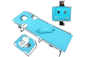 ‎WKFAMOUT WKFAMOUT Sonnenliege Klappbar mit Loch für Gesicht und Arme 5-Stufig Verstellbarer Rückenlehne Strandliege Campingliege Gartenliege Relaxliege mit Klapptisch Kissen 190x59CM Blau