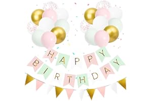 OHugs Happy Birthday Banner - Happy Birthday Decorations for Girls, Women with 20 Thick 12 Inch Pastel Party Balloons - Macaron Bunting Banner with Adhesive Wall Hooks, Ribbon