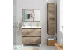 Inbagno Mobile Bagno da Terra 80 cm, 2 cassetti Serie Oasi, Colore Rovere con venatura Naturale, Completo di lavabo in Ceramica e specchiera