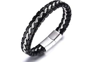 HALUKAKAH Enfants ● Solo Junior ● Personnaliser Garçons Bracelet Cuir Véritable Noir 6-12+3 Ans. Fermoir Magnétique Chaîne Doré/Argent Titane 18-19.5cm