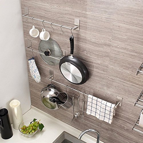 ToHa 3M Selbstklebender Handtuchstange Handtuchhalter Ohne Bohren gebürstetem Edelstahl 40cm, Einschließlich 5 Haken - 3