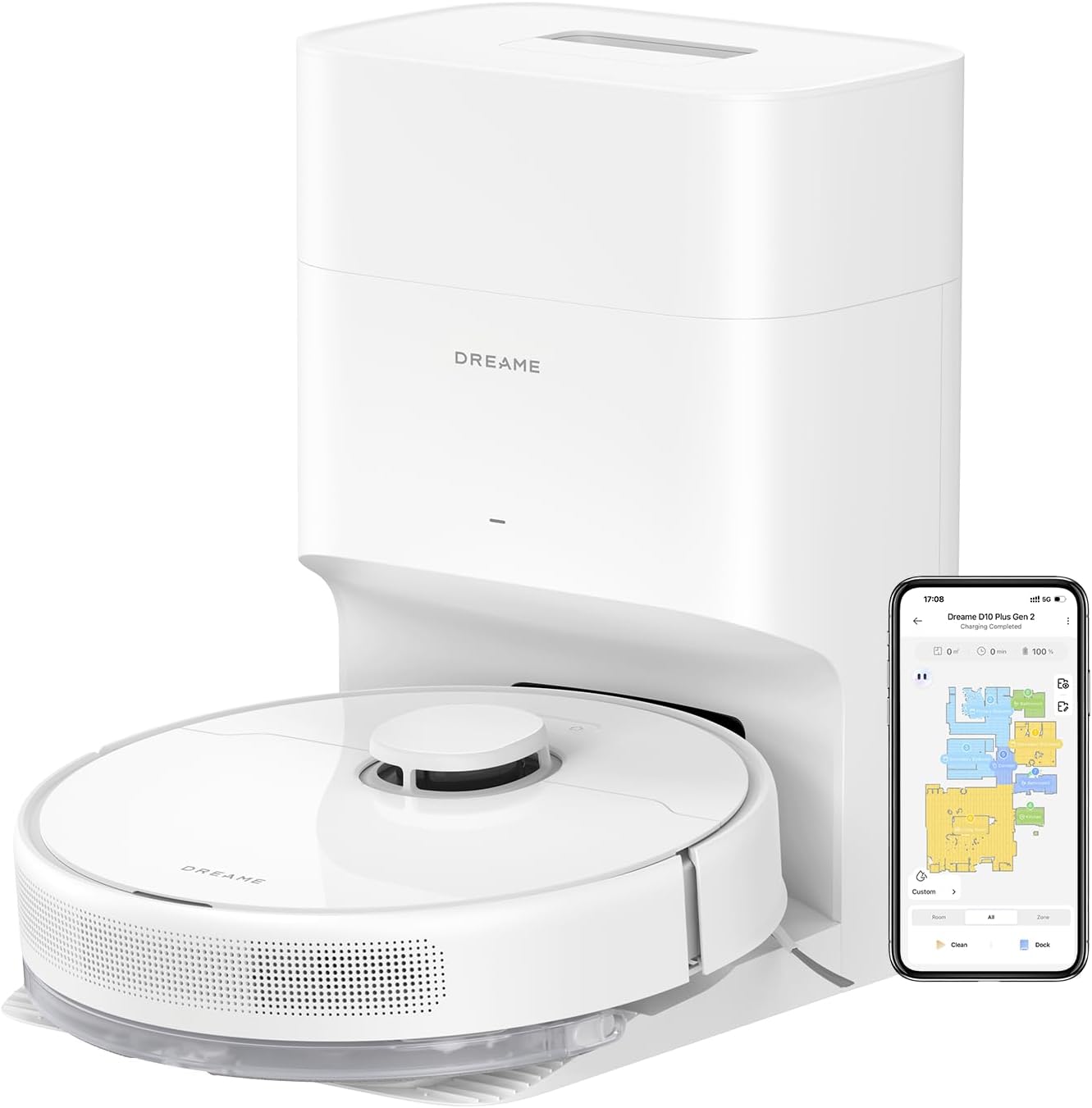 DREAME D10 Plus Gen 2 Robot Aspirador y Fregasuelos 2 en 1 con Base Autovaciado, 6.000Pa, LiDAR Navegación, Capacidad de Superar Obstáculos de 20MM, Mapa Multicapa, 5200 mAh Batería, Blanco