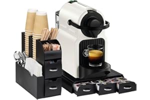 BAKAJI Coffee Station con recipiente para cápsulas y cajón para debajo de la cafetera de plástico negro, multicompartimento, soporte para dosis de esquina, organizador de bar, para cápsulas y