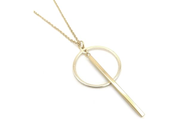 Collier sautoir doré ou argenté sobre et élégant aux formes géométriques, acier inoxydable et plaqué or 18k ou platine, 35cm de long, pendentif 5cm, chaînette d'extension de 5cm