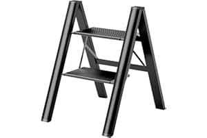 BQKOZFIN 2-Step Ladder Lightweight Folding Aluminum Step Stool Ladder Shelf 330 lbs Capacity with Anti-Slip Wide Platform for Home, Kitchen, Office, Painting, Garden, Black