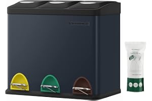 SONGMICS Kökssoptunna, metallpedalbehållare, 3-i-1-behållare, 24 liter, avfallsseparering, avfallssepareringssystem, lätt att rengöra, stål, rökgrå LTB24GS