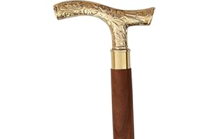 ALFIYA NAUTICAL STORE Bastone da passeggio da uomo e da donna, in ottone ebano marrone, manico a forma di T in legno naturale color oro, canna unisex