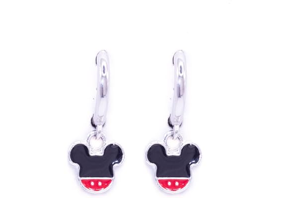 NILUXE DESIGN - Pendientes Mickey Minnie Mouse Chapados en Platino. Aros de 14mm con dije Colgante de Encanto de Mickey Minnie Mouse para Niña, Joven, Mujer- Cierre Cómodo de Clic-Ideal para Regalar
