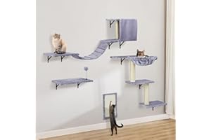 AFYHA Set da Parete per Gatti Con Albero, Amaca, Ponte, Tiragraffi - 4 Pezzi in Legno (Grigio Chiaro)