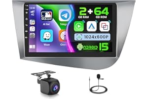 Ohradio 2G+64G Android 15 Radio Coche para Seat Leon MK2 2005 2006 2007 2008-2012, Carplay Android Auto Inalámbrico, 9" Pantalla Táctil con WiFi GPS FM/RDS BT SWC+Cámara Trasera+Mic
