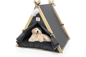 KHCY Cat Tent & Dog Tent, Wooden Triangular Pet House with Soft Cushion, Removable Door Flap, Cozy Indoor Shelter for Cats & Dogs 60×55×63 CM - Grey