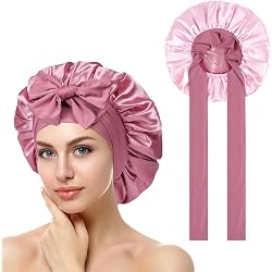 Seidensatin-Haarhaube Zum Schlafen Für Lange Haare & Zöpfe | Schwarz, Mit 2 Satin-Haargummis | Verstellbar & Atmungsaktiv | Für Lockiges & Glattes Haar