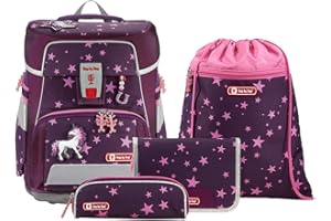 Step by Step Schulranzen-Set Space „Unicorn Nuala“ 5-teilig, Beere, Einhorn-Design, ergonomischer Tornister mit Reflektoren, höhenverstellbar mit Hüftgurt für Mädchen 1. Klasse, 20L