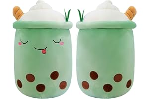 Aiuidun Bubble Tea Oreiller en Peluche, Kawaii Boba Peluche Remplissage Jouet Doux Bubble Pearl Lait Tea Holder Oreiller Cadeau pour Les Enfants(Green-Squint Eyes,50cm)