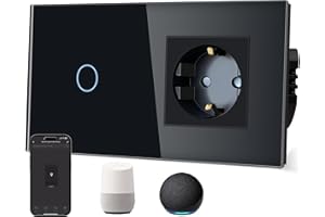 TAWOIA Normal Socket with Smart Wi-Fi Light Switch (Neutral Conductor Required), Glass Panel, Voice Control for Alexa, Compatible with Smart Life and Tuya App, Single 1-Way, Black