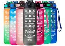 Shopnic Water Bottle with Time Marker and Straw 32oz - BPA Free Tritan Leak-proof Gym Bottle with Safety Lock for Fitness, Ou