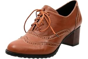 yunhou Femme Derbys Tête Ronde Chaussures Oxford Creux Chaussures à Lacets Vernies Femme Semelle Cuir à Talon Carré 35-43