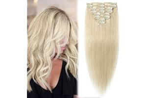 ELAILITE Hair Extensions Real Human Hair Clip in Blonde Full Head 100% Remy Hair 8 Pieces Straight (20"-70g, 60 Platinum Blonde)