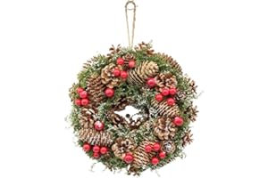 URBNLIVING Classic Christmas Wreath – Pinecones & Greenery Holiday Decoration for Door or Wall - Brown & Red Berries - 34cm