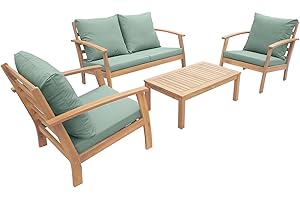 Alice's Garden - Salon de Jardin en Bois 4 Places - Ushuaïa - Coussins Vert de Gris. canapé. fauteuils et Table Basse en Acacia. Design