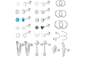 KALVICA 34 Pezzi Orecchini Donna Anallergico Helix Piercing Jewelry Acciaio Chirurgico Cartilagine Orecchini Argento Tragus Labret Rook Piercing Naso Farfalla Perla Orecchini 20G