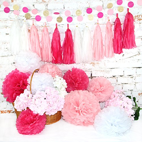 Himeland 22 Stück Pompoms Set, Papierblume mit Quaste und Girlande, Pompon Dekoration für Hochzeit/Baby-Dusche/ Geburtstagsfeier/Baumschulen-Dekoration - 2
