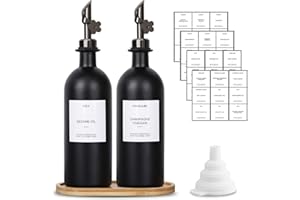 sunal Distributeur d'huile d'olivel,Noir 500ml/16,9 OZ distributeur d'huile avec plateau, 2 distributeurs d'huile de verre et de vinaigre avec 2 décanteurs Lestés,40 étiquettes,1 entonnoir