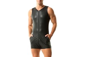 QiaTi Herren ärmellose kurze Hose Leotard Zip Strumpfhose Kunstleder Bodysuit mit 2 Taschen für Männer