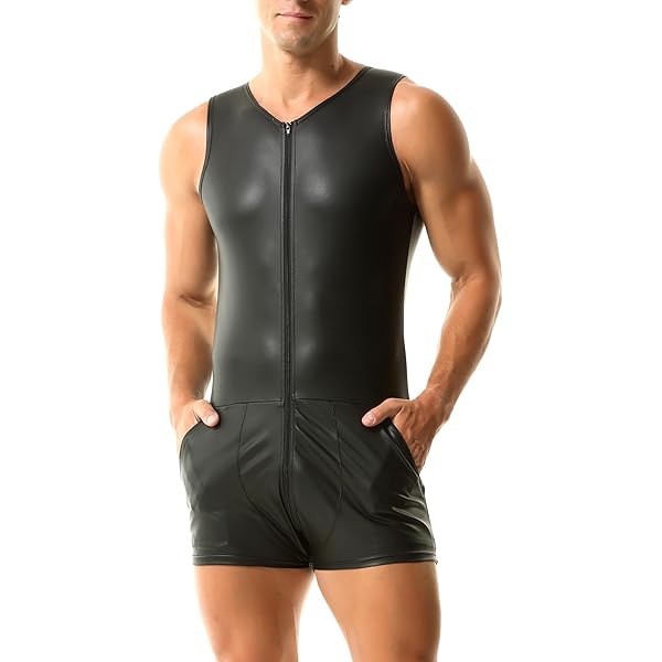 dPois Men's Bodysuit, Wetlook Undershirt, Jumpsuit, Faux Leather