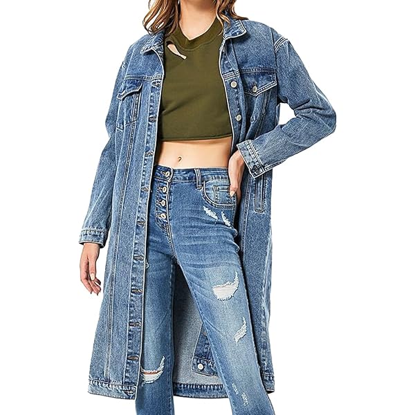 Veste En Jean Longue Pour Femme - Trench Demi-Saison Avec Poches Et Boutons - Chemise En Denim Élégante Et Confortable