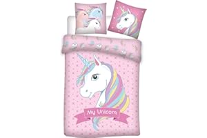 AYMAX S.P.R.L Parure de Lit Licorne Rose, Housse de Couette 140x200 cm + Taie d'oreiller 65x65 cm, 100% Polyester