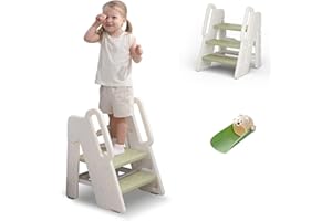 hoopyosms Sgabello per Bambini Pieghevole, Scaletta Montessori per Bagno e Cucina, Altezza Regolabile, Antiscivolo con Manici, Sedile per WC per Apprendimento, Verde