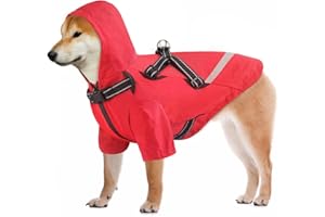 Dolahovy Dog Raincoat with Harness, Dog ponchos Waterproof dog jacket Dog Rain Suit Adjustable Reflective Pet Rainwear with Hood for Small Medium Dogs, Red