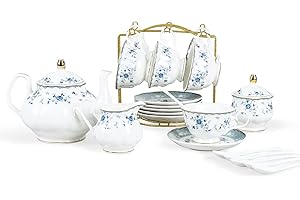 fanquare 15-częściowy porcelanowy zestaw do herbaty, niebieski kwiatowy zestaw do popołudniowej herbaty, brytyjski zestaw filiżanek i spodków do kawy
