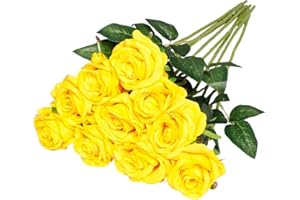 Nubry Artificial Silk Rose Flower Single Stem Lifelike Fake Rose for Wedding Bouquet Floral Arrangements Home Party Centerpiece Decoration, 10pcs (Yellow)