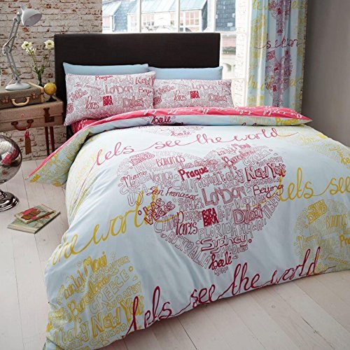 Preisvergleich Produktbild Just Contempo modernen Herzen Bedruckte Bettwäsche mit Städte Gedruckt - Bettbezug mit Kissenhülle, Pink, King Size