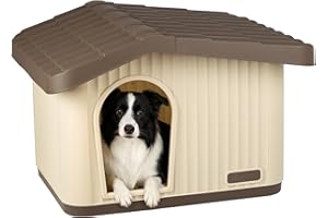 VOUNOT® Dog House, Weatherproof Pet Shelter with Sloped Roof, Durable Kennel with Non-Slip Feet for Indoor & Outdoor Use, 75×63×51cm, Beige