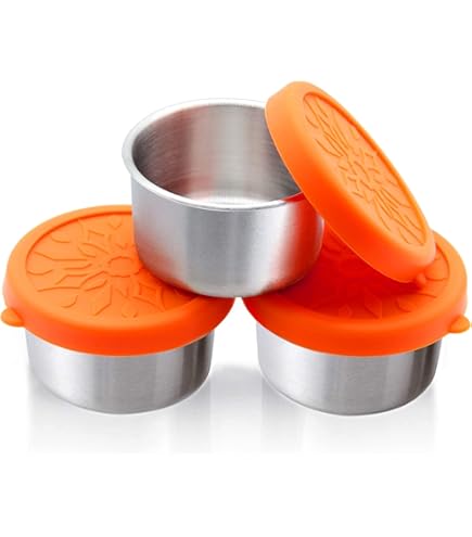 Saladedressing container, 4 x 70 ml, kleine roestvrijstalen kruidenpotjes, saushouder met siliconen deksel, herbruikbaar, lekvrij, mini-dip-sausbeker om mee te nemen, snackbox, voedselbakset