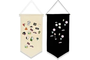 JEHANOIRY 2PCS Wall Hanging Brooch Pin Organizer, Canvas Display Jewelry Storage Case, Pin Display Banner Holder for Earrings Necklace Glitter Pin Collection Organizer (Off-white and Black)