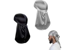 FveVqe 2 Pcs Durag Mens, Durag, Wide Long Tail Silky Silk Durag Breathable Pirate Headwraps, Cap Wrinkle Free Satin Durag Silk for Waves Braids Dreadlocks Fashion Headwrap (Black & Grey)