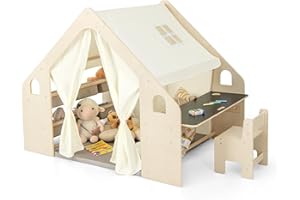 COSTWAY Kids Play Tent, Wooden Playhouse with Floor Mat, Blackboard, Storage Bin, Toddler Table and Chair Set for 3-6 Years Old