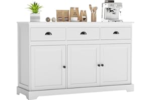 COSTWAY Sideboard Storage Cabinet, Modern Kitchen Cupboard with Adjustable Shelf, Drawers and Doors, Large Wooden Buffet Cabinet Unit for Dining Living Room Hallway (White)