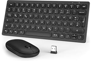 Kompakte Tastatur Maus Set, QCen 2,4GHz Ultradünn Klein Kabellose, Ergonomisch Funktastatur in Mini Größe mit 12 Sondertasten, für PC/Laptop, Deutsches Layout QWERTZ-Schwarz